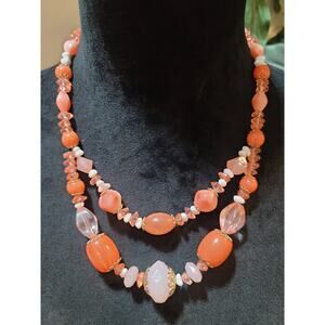 Women's Coral Pink Beaded Necklace With Gold Accents And Adjustable Chain Lock